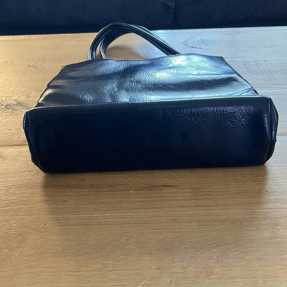 Vintage 1960s Mod Dover Navy Blue Patent Top Handle Frame Handbag Made in USA